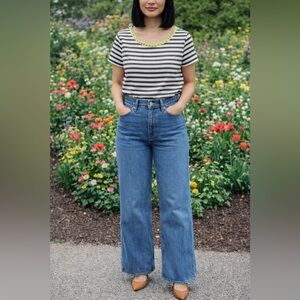 NWT LOFT Stripe Blouse Medium Beaded Collar Classic Office Old Money Casual Neon